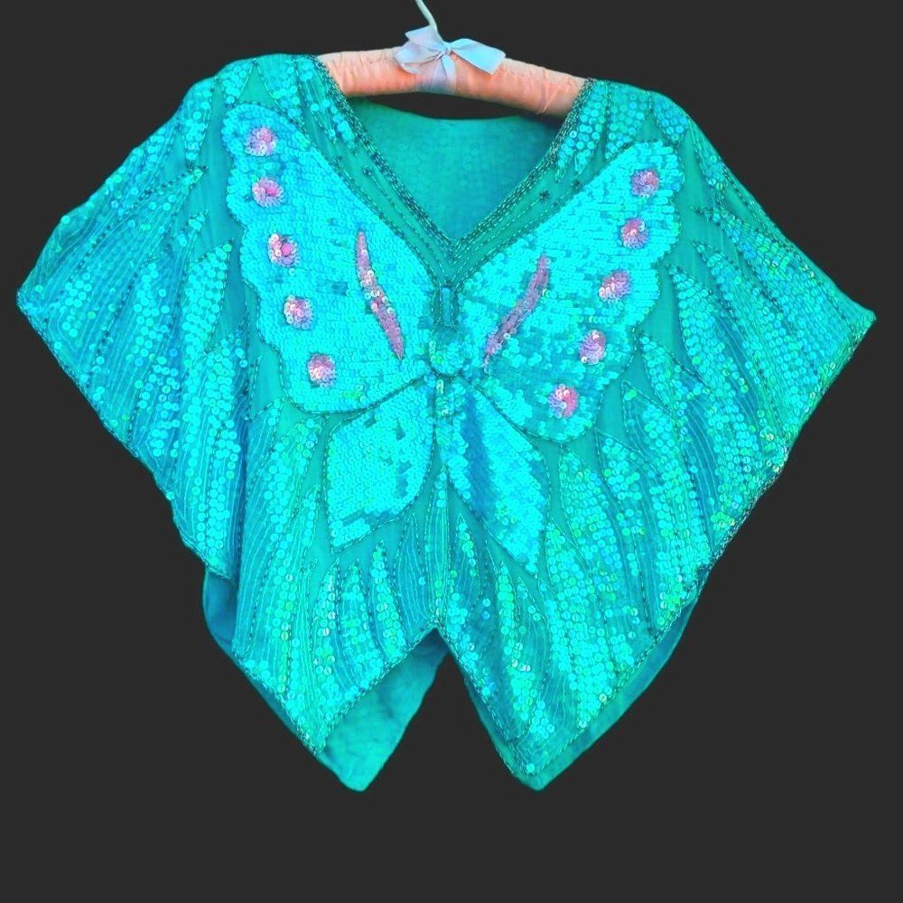 Butterfly Sequin Top Beaded 70s Disco Glam Blue Turquoise Green - Picture 5 of 10